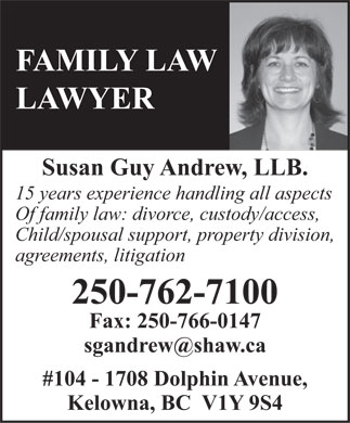 Susan Andrew, Kelowna Family lawyer with 15 years experience in  family law: divorce law, custody and separation agreements