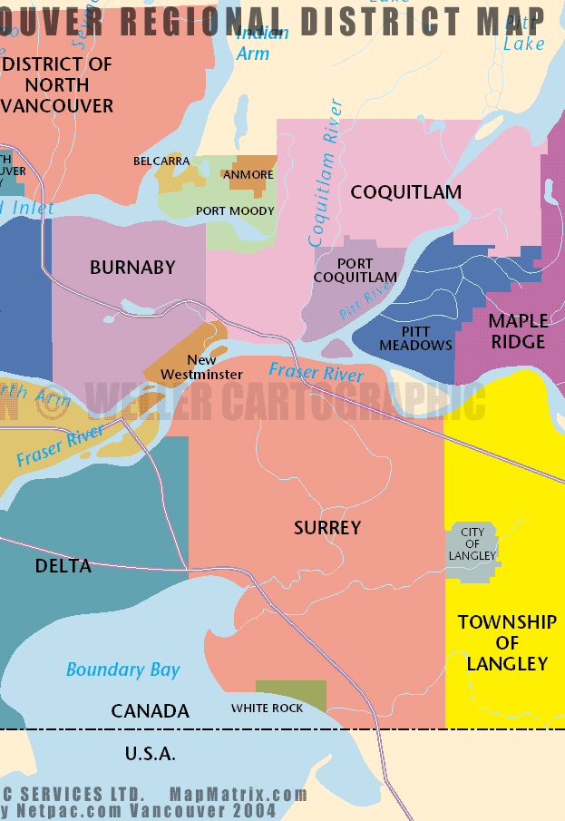 Map of GVRD showing  Burnaby, New Westminster, Surrey, Delta, White Rock, Langley, Maple Ridge