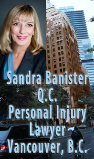 Sandra Banister, QC Queens Counsel, 30+ years ICBC injury claims disputes lawyer and employment lawyer, in front of office in Marine Building on Burrard St. Vancouver - click for more info