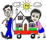 Cartoon - graphic of  Realtors delivering a home to you.
