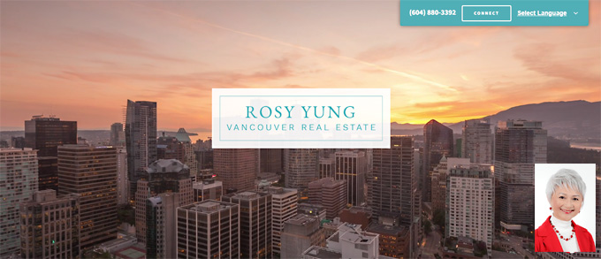Rosy Yung, Univ.H.K., BA honors in English & Chinese Translation, now realtor with photo of downtown Vancouver in Background of this picture - click to her website www.SellsYourHome.com