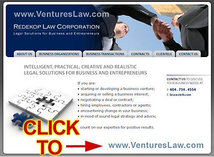 VenturesLaw.com web site for Bruce Redekop, BA JD Vancouver business ventures Lawyer and Registered Trademark agent